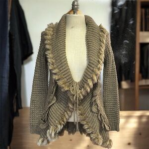 Boston Proper Tan Cardigan with Faux Fur Trim